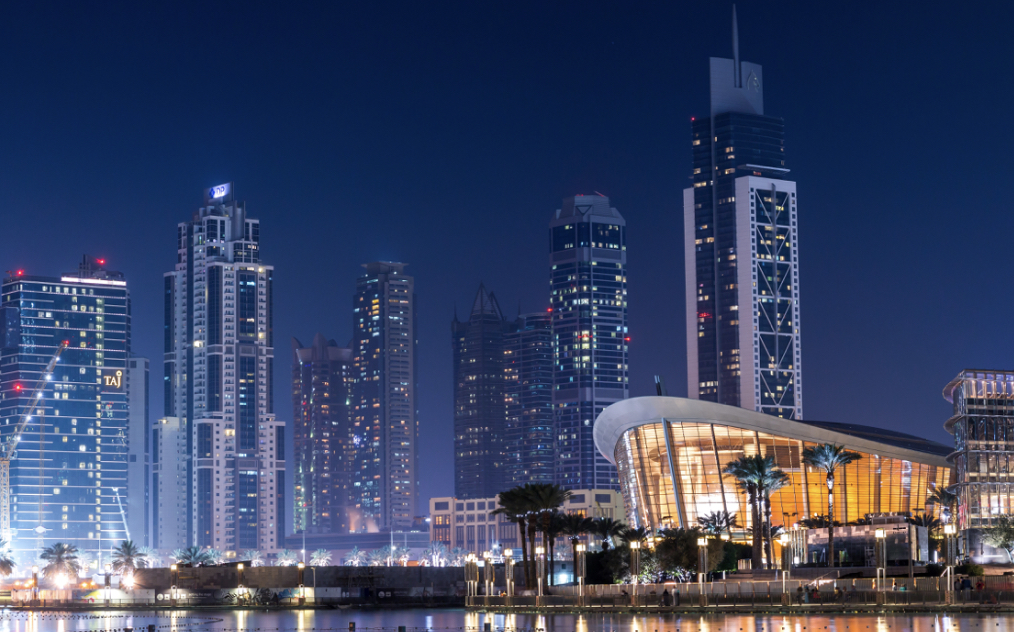 Abu Dhabi skyline at dusk with illuminated modern skyscrapers and waterfront building