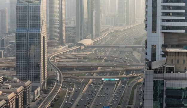 Top view of numerous cars in motion in Dubai