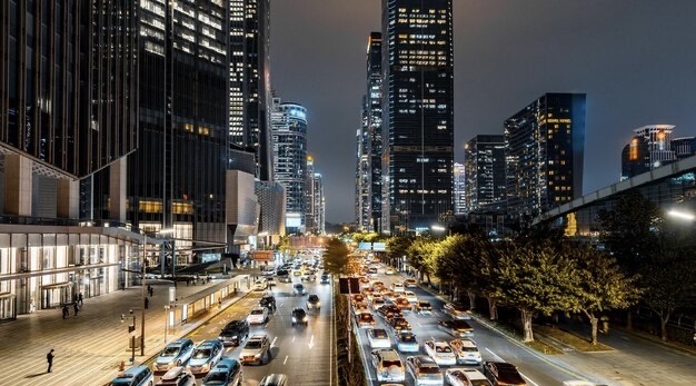 Numerous cars in motion in the evening