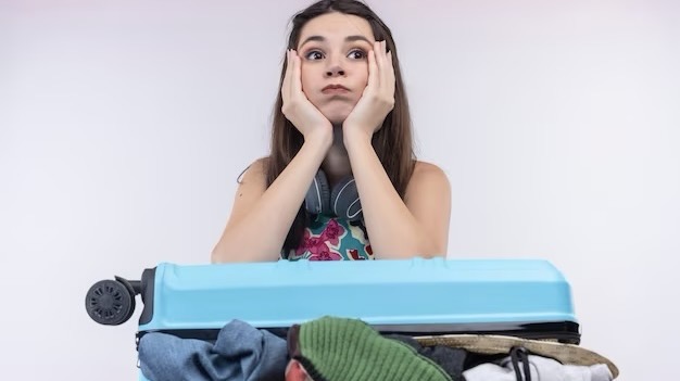 A pensive girl leaned on a suitcase with things